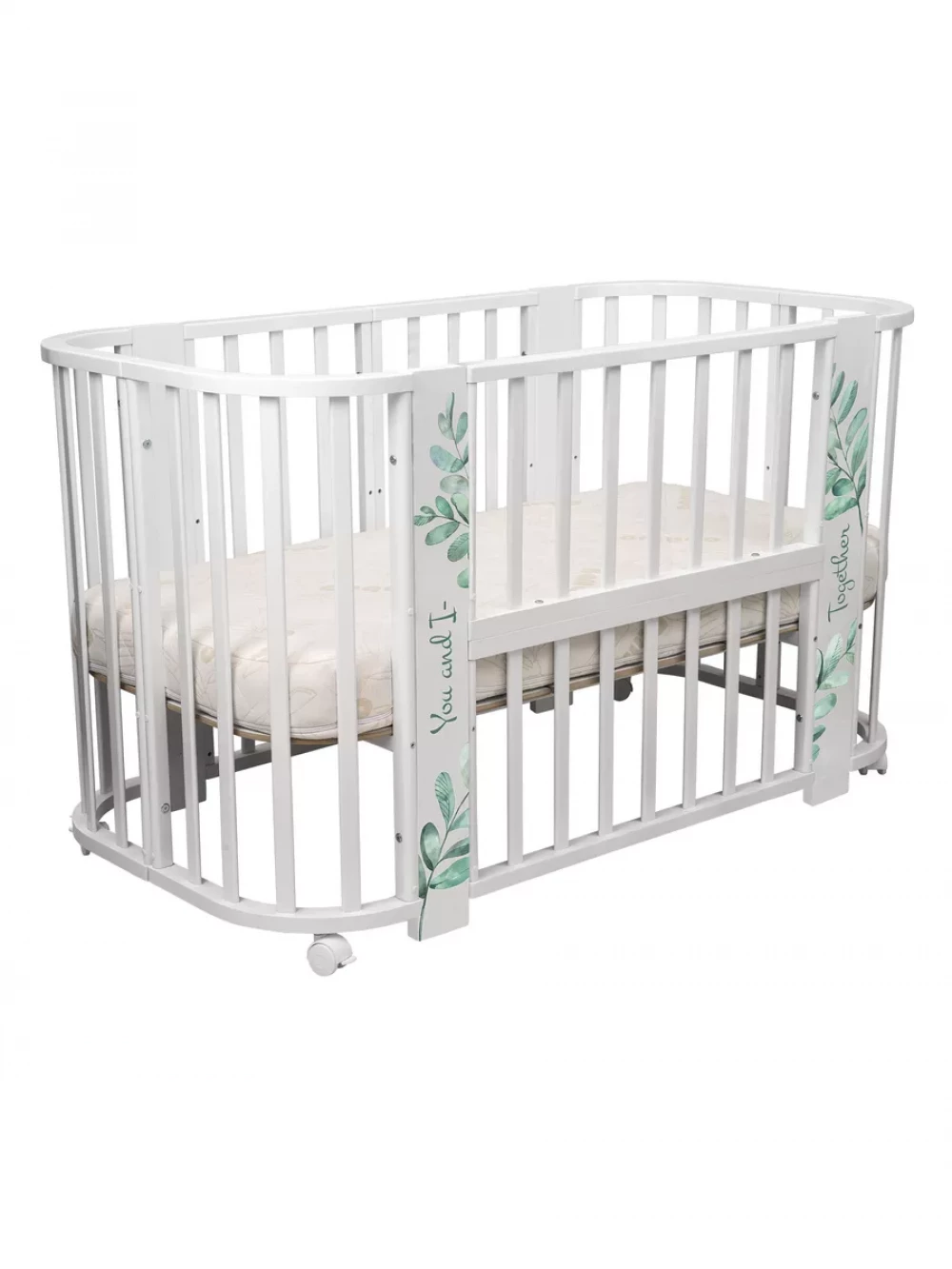 Кроватка-трансформер Indigo Green Line 5 в 1 с маятником 100*70 / 140*70 (закругленный) листочки