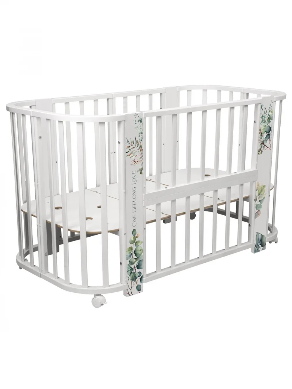 Кроватка-трансформер Indigo Baby Line 5 в 1 с маятником 100*70 / 140*70 (закругленный) листочки