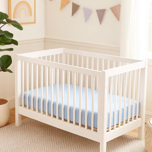 Простыня трикотажная на резинке для детской кроватки
"однотон", цвет голубой 9006/1п - фото 1