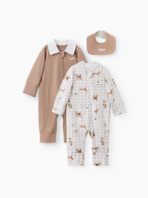 Набор Happy Baby: пижамный комбинезон (2 шт) и нагрудный фартук (beige (dog), 62, 90161-0)