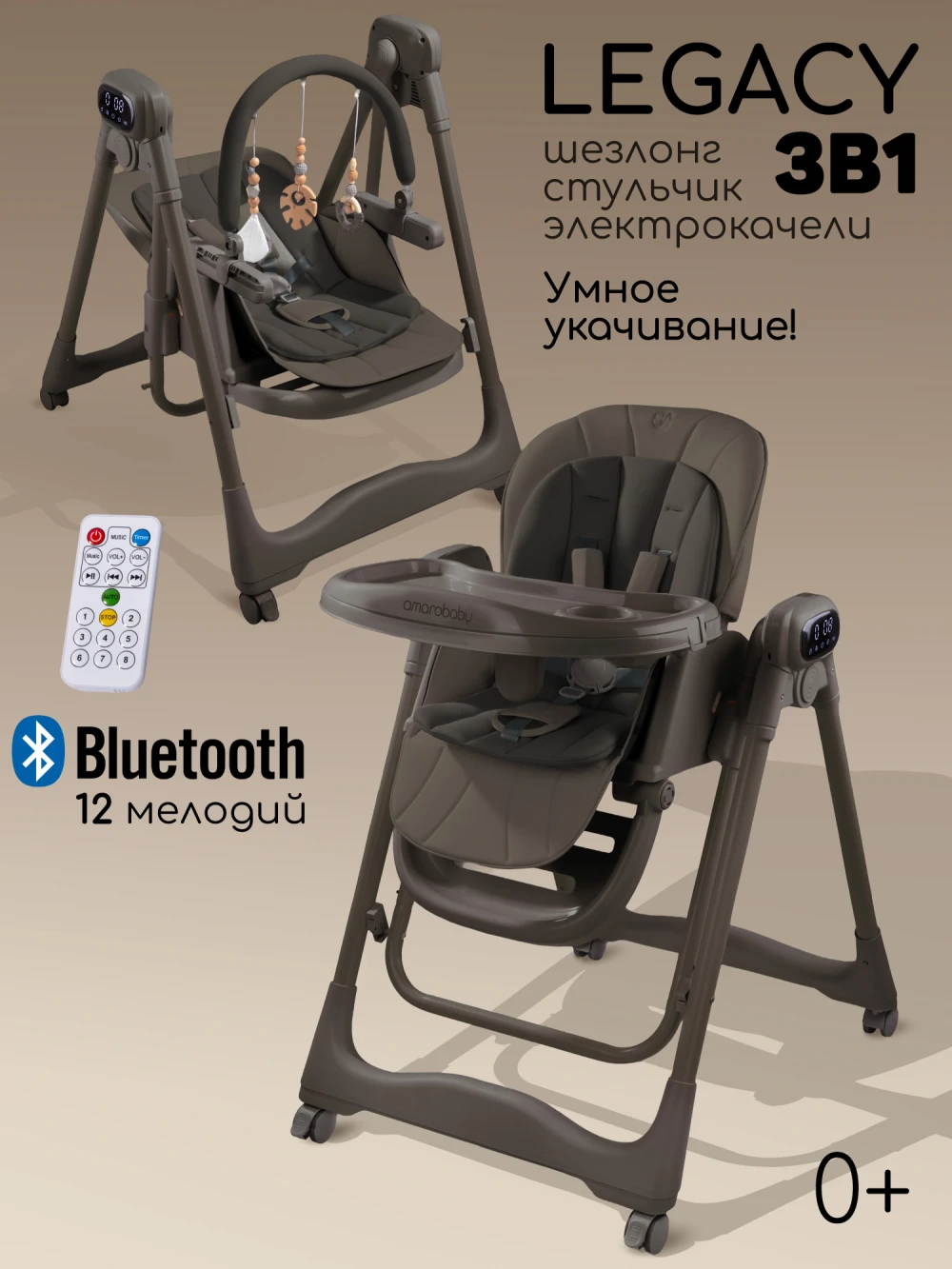 Стул-электрокачели для кормления Amarobaby Legacy коричневый