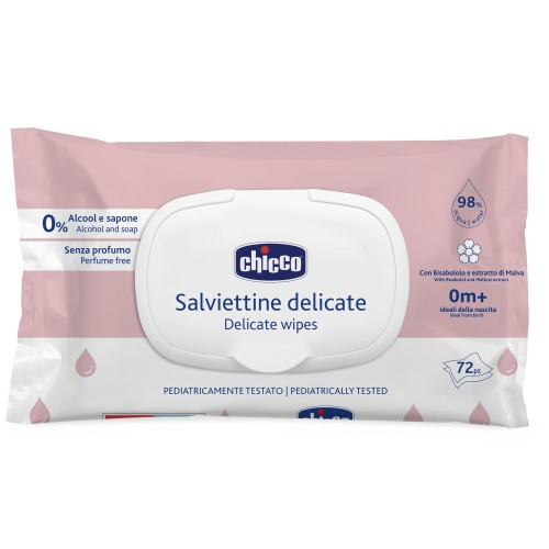 Cалфетки Chicco 0+ влажные очищающие 72 шт с клапаном, без отдушки с экстрактом мальвы